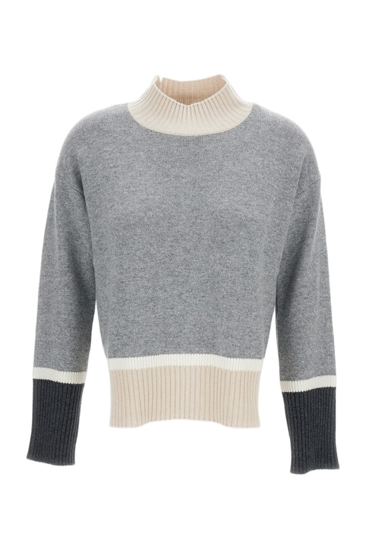 Lorena Antoniazzi Cropped Grey Sweater With Beige Ribbed Trims