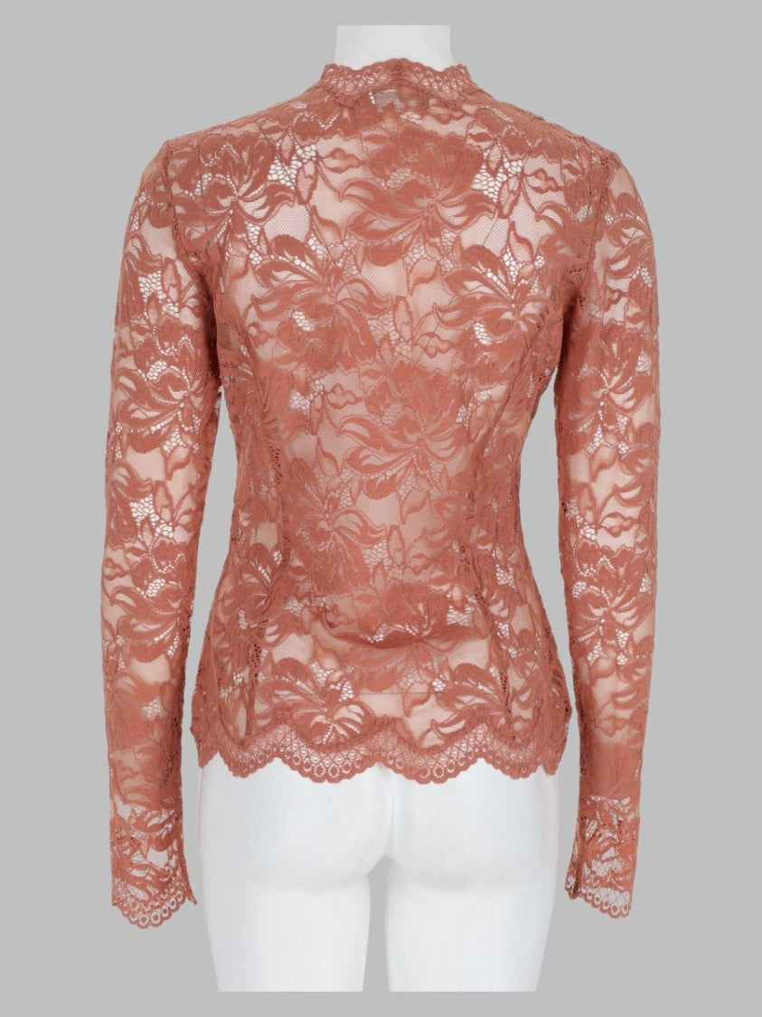 Rabanne Beige Intricate Lace Long-Sleeve Viscose Top