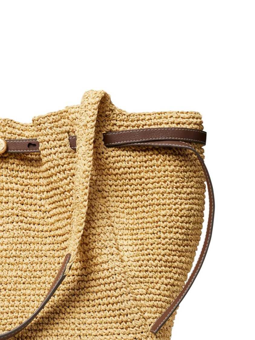 Tory Burch Woven Paper Straw Tote With Leather Trim Accents