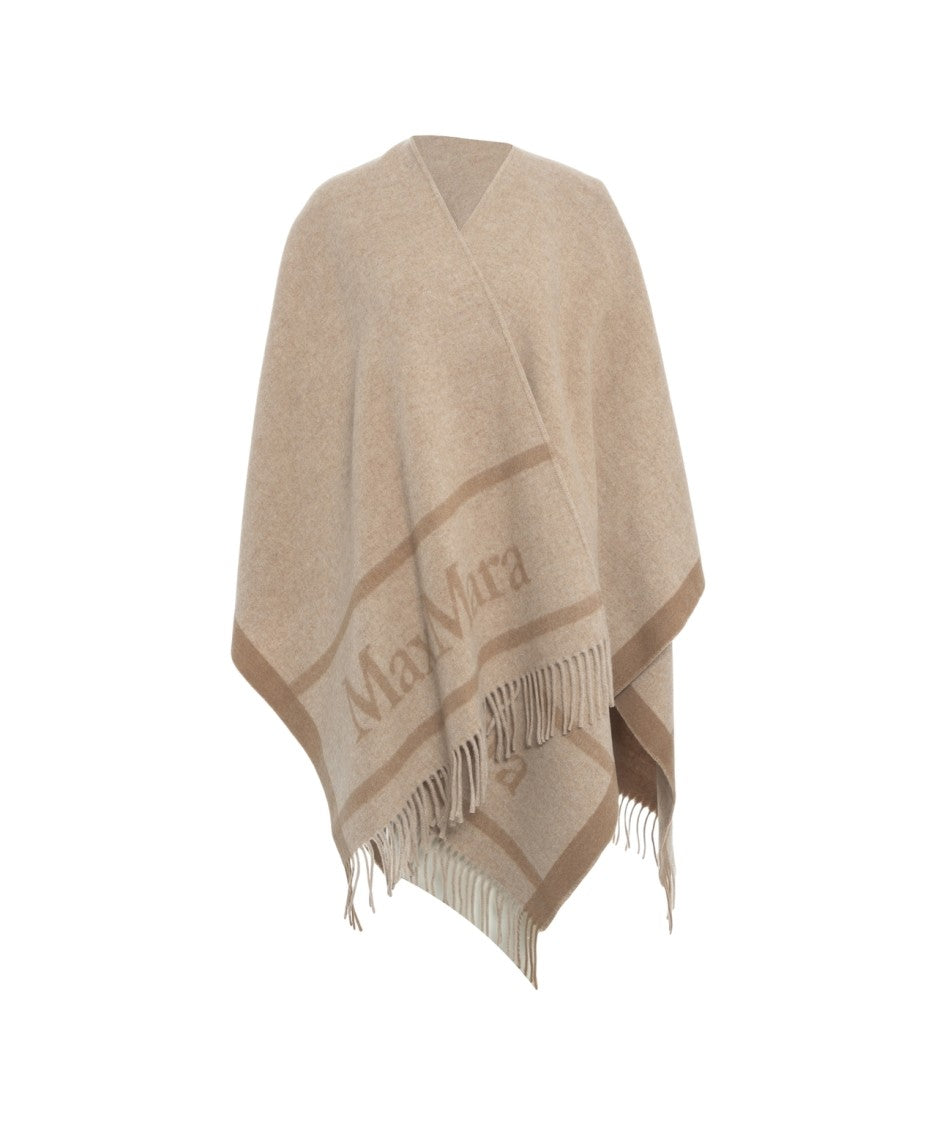 Max Mara Fringe-Detail Wool Cape With Logo Print