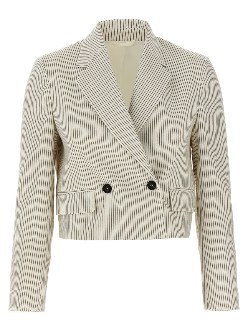 Brunello Cucinelli Pinstriped Linen And Cotton Double-Breasted Blazer