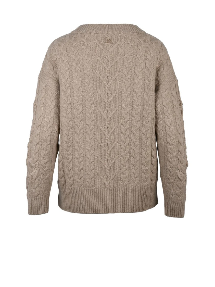 Ermanno Firenze V-Neck Cashmere-Wool Sweater With Floral Embroidery