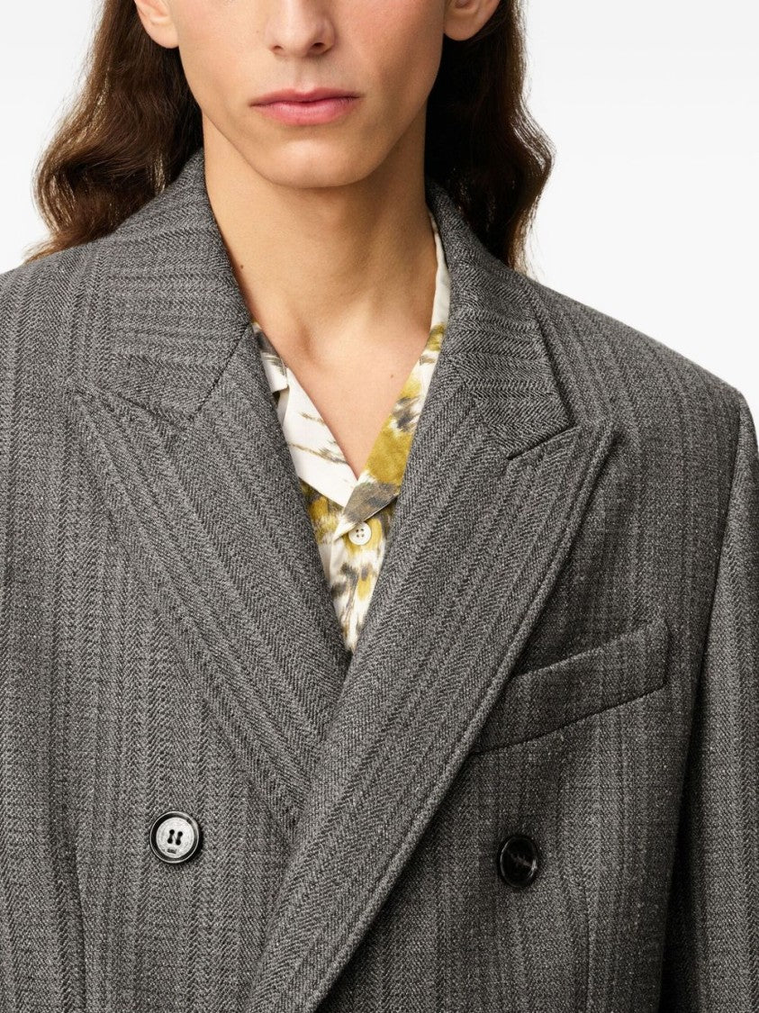 Ami Paris Double-Breasted Herringbone Wool Coat With Peak Lapels