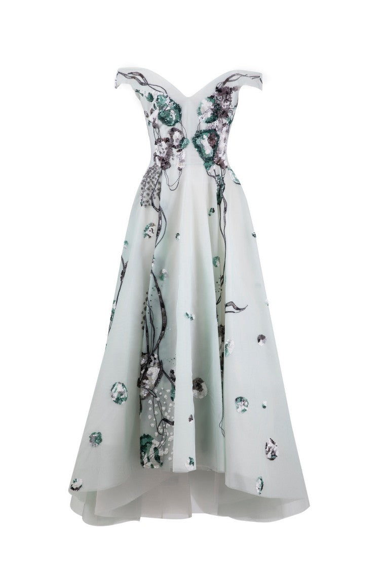 Saiid Kobeisy High-Low, Off-Shoulder Tulle Beaded Dress