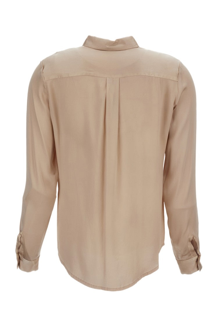 Q-Wins Button-Down Beige Blouse With Classic Collar And Pleat Detail
