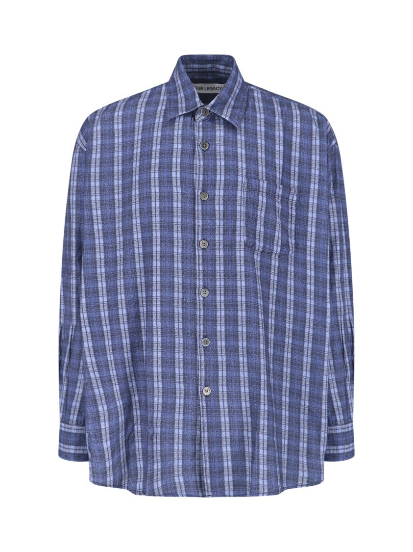 Our Legacy Checkered Blue Cotton Shirt With Classic Collar And Curved Hem