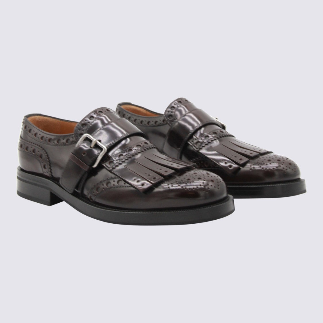 Church's Brown Polished Leather Flats With Brogue Detailing