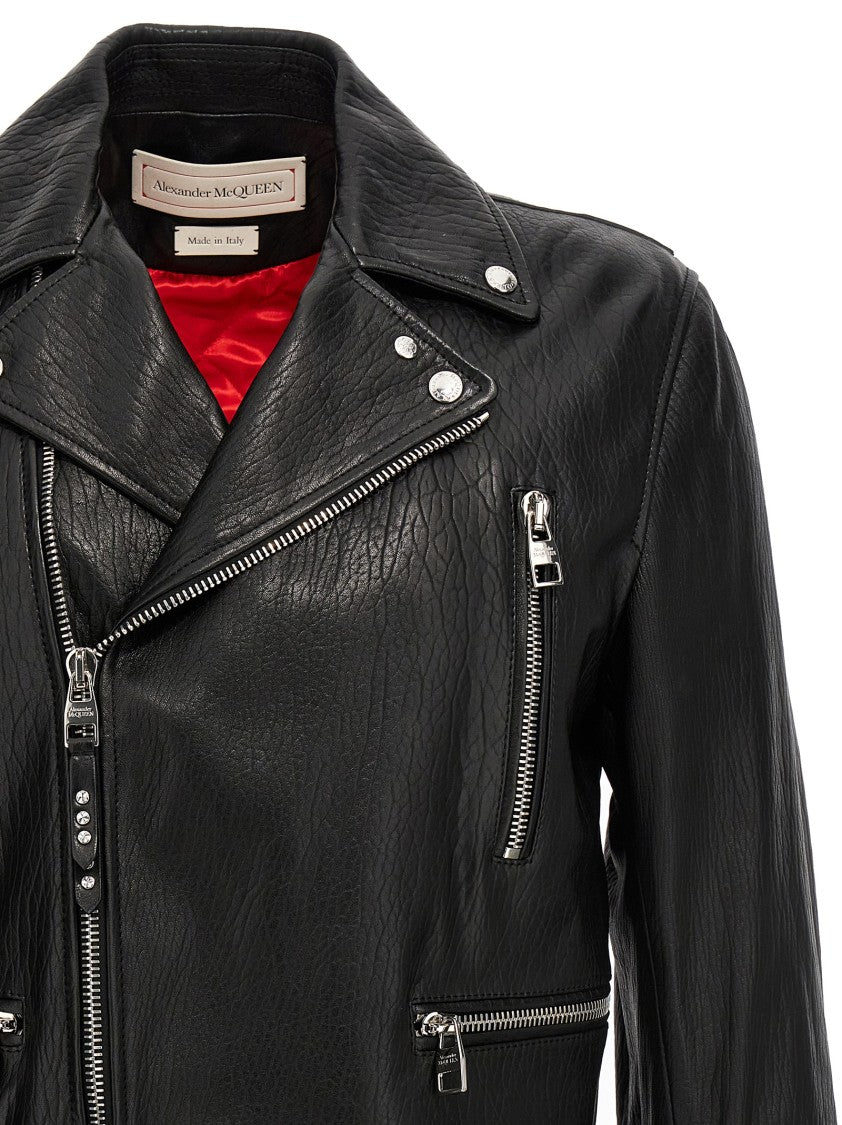 Mcqueen Textured Leather Jacket With Zip Closure