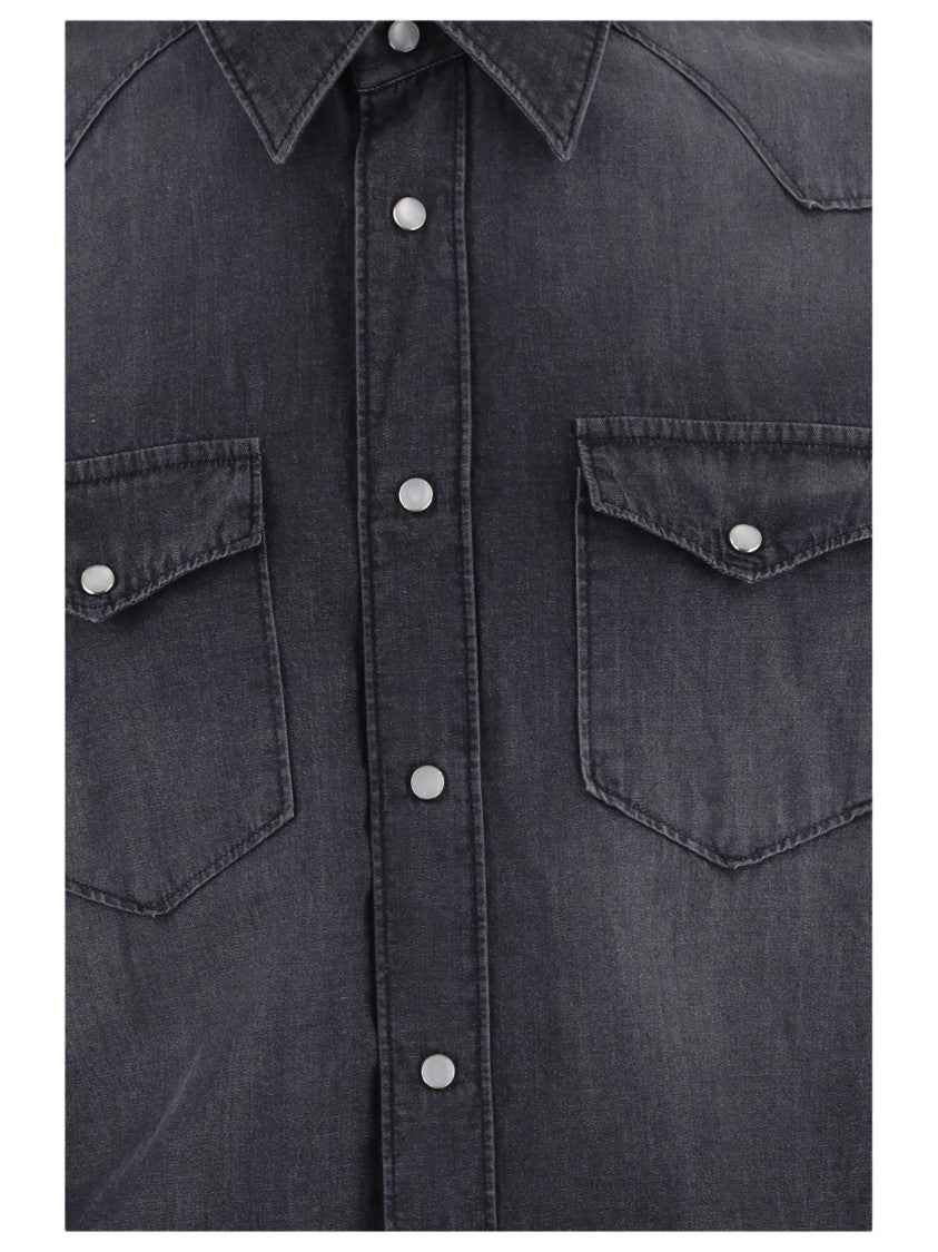Gherardi Dark Gray Cotton Denim Patch Pockets Shirt