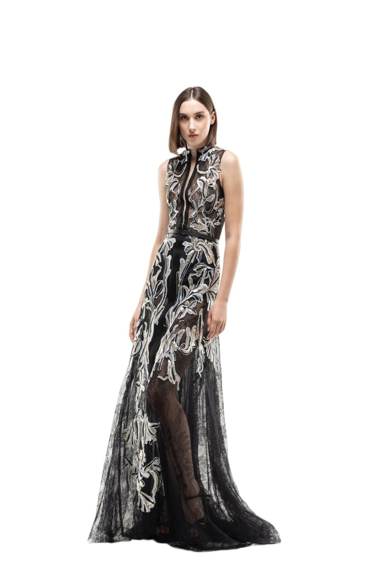 Saiid Kobeisy Jet-Black Lace Dress With Intricate Floral Embroidery