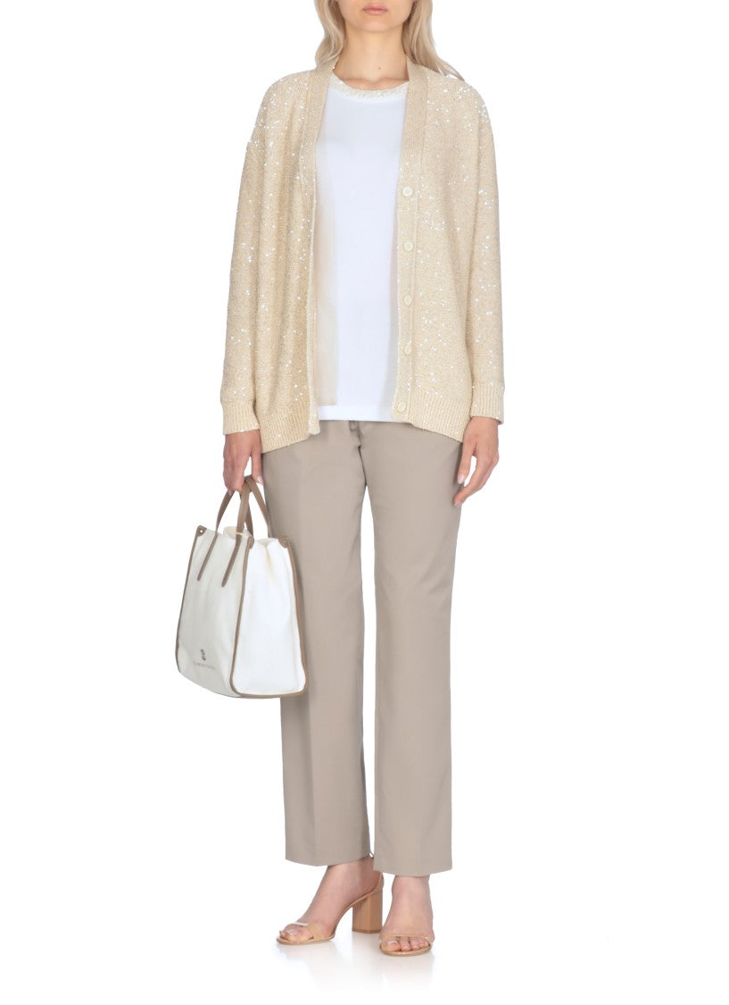 Fabiana Filippi Beige Cotton Blend Cardigan With All-Over Paillettes
