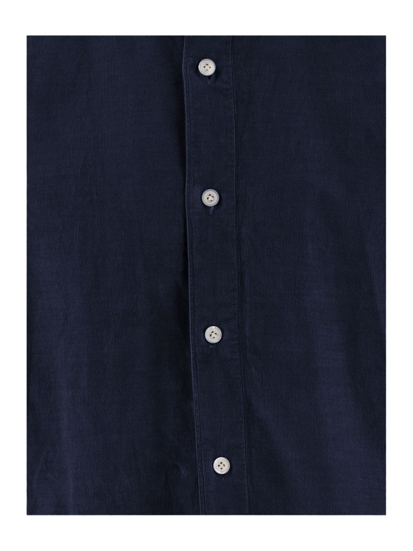 Finamore Navy Ribbed Cotton Curved Hem Shirt