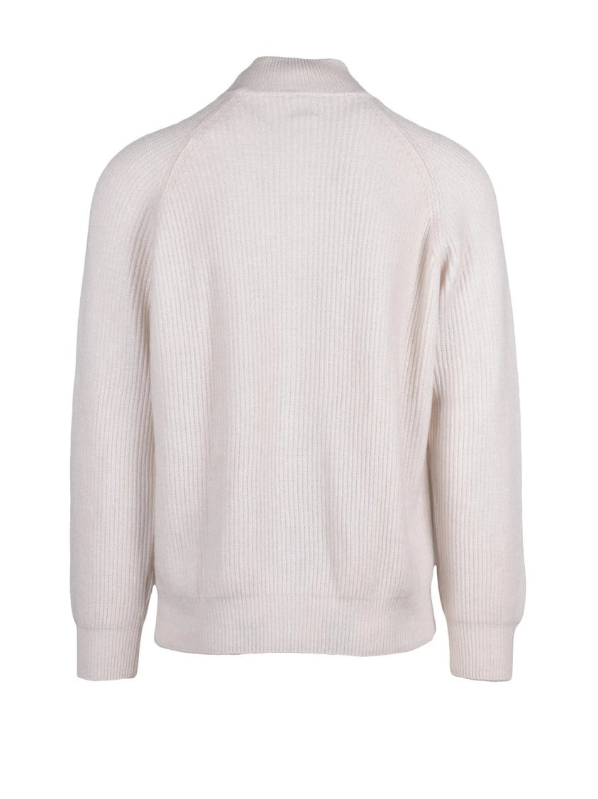 Eleventy White Ribbed High Collar Cashmere Zip Cardigan