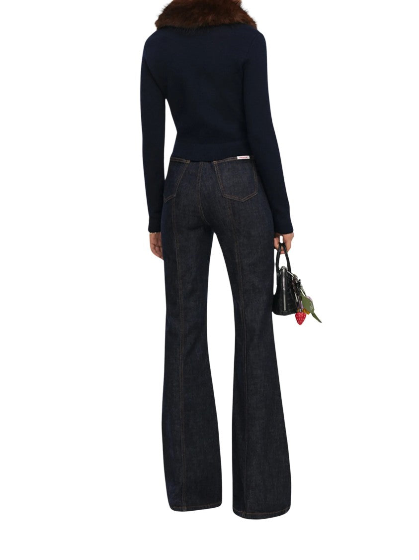 Self-Portrait Navy Faux-Fur Collar Cropped Knit Cardigan