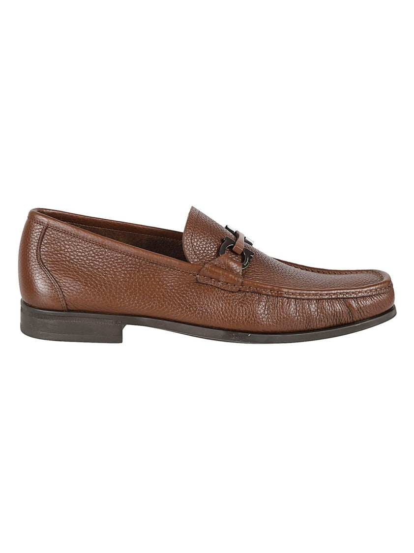 Ferragamo Pebbled Leather Loafers With Round Toe And Metal Bit Detail