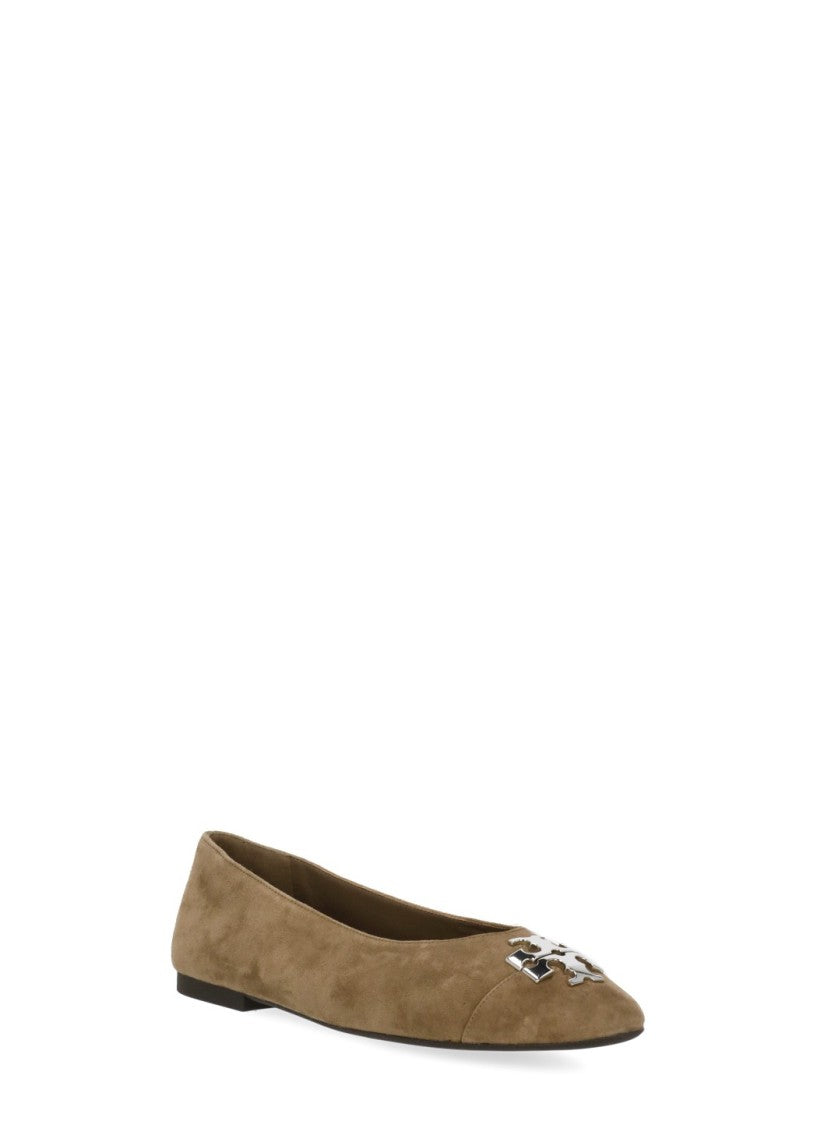 Tory Burch Brown Pointed Toe Silver Logo Suede Flats