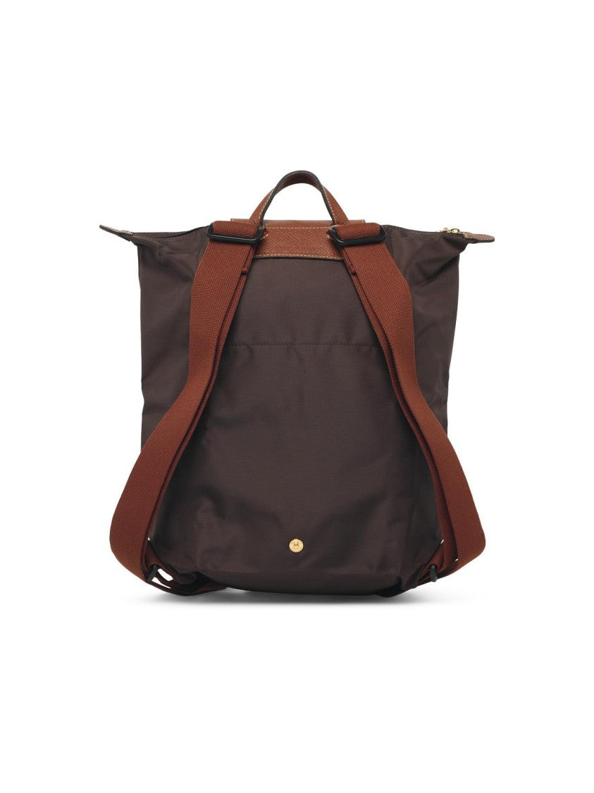 Longchamp Moka Nylon Compact Backpack With Leather Flap And Adjustable Straps