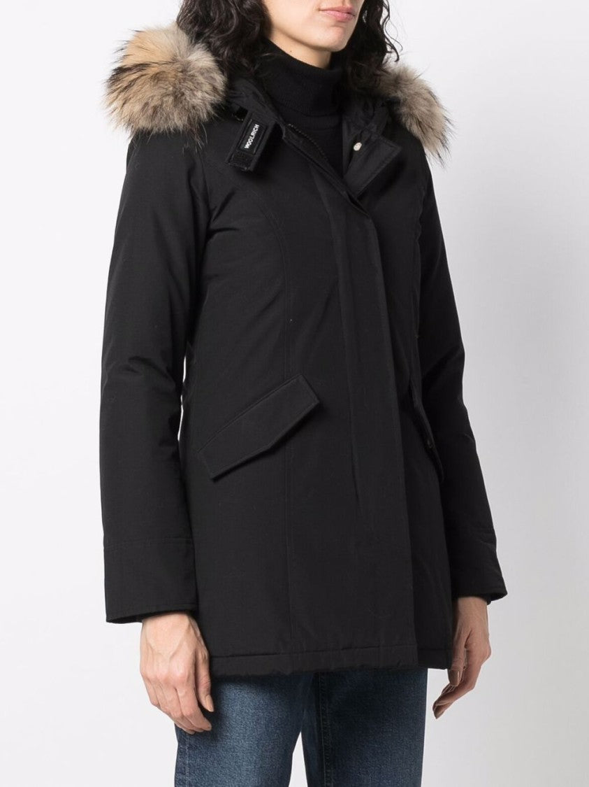 Woolrich Mid-Length Black Parka With Detachable Fur-Trimmed Hood