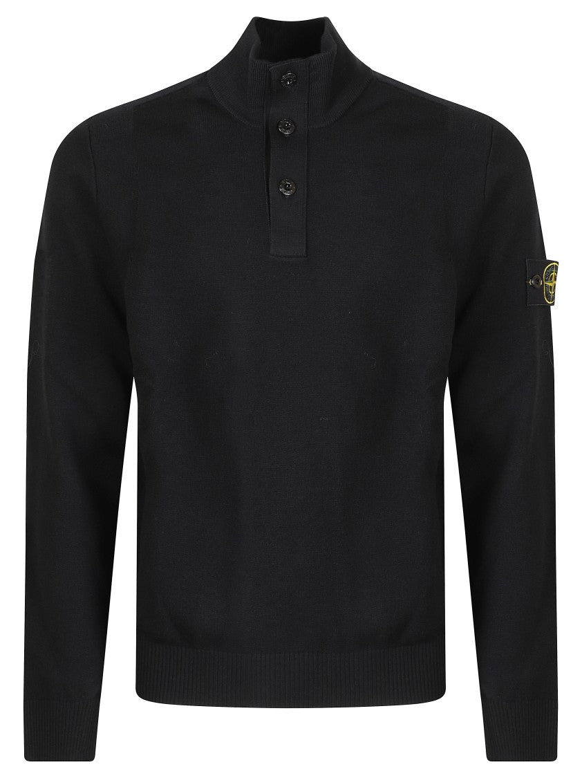 Stone Island High-Collar Black Pullover With Buttoned Placket