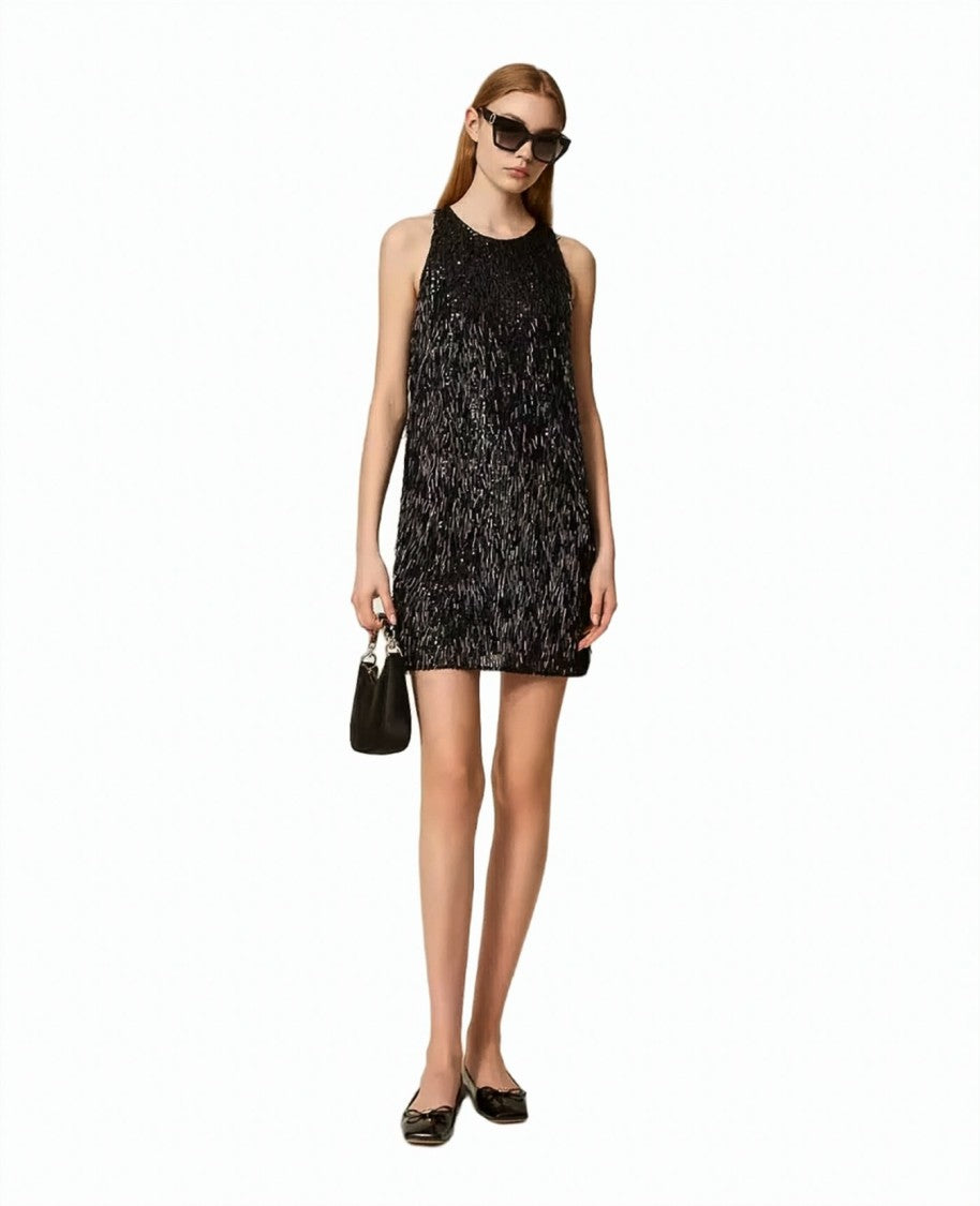 Twin-Set Sequin Fringed Georgette-Back Sleeveless Mini Dress