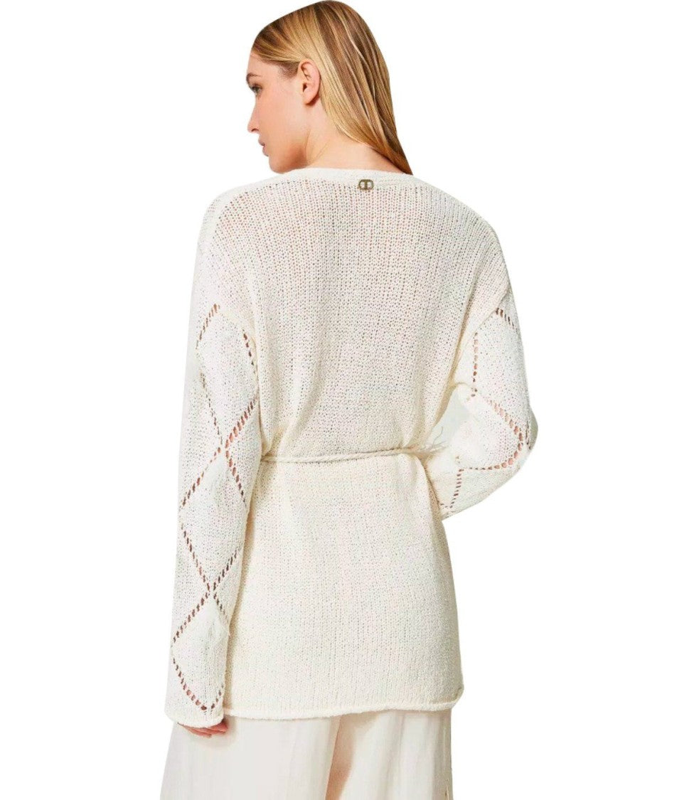 Twin-Set Off-White Cardigan With Feathers