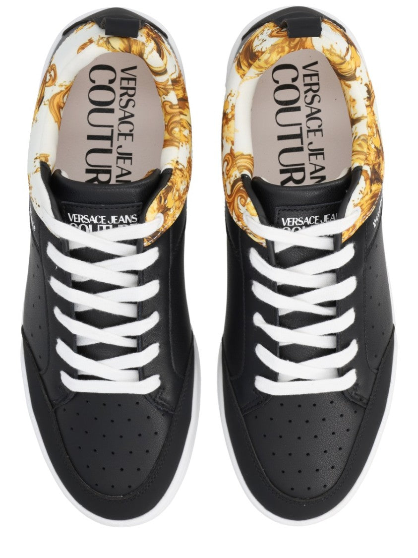 Versace Jeans Couture Black Weave Pattern Perforated Leather Sneakers
