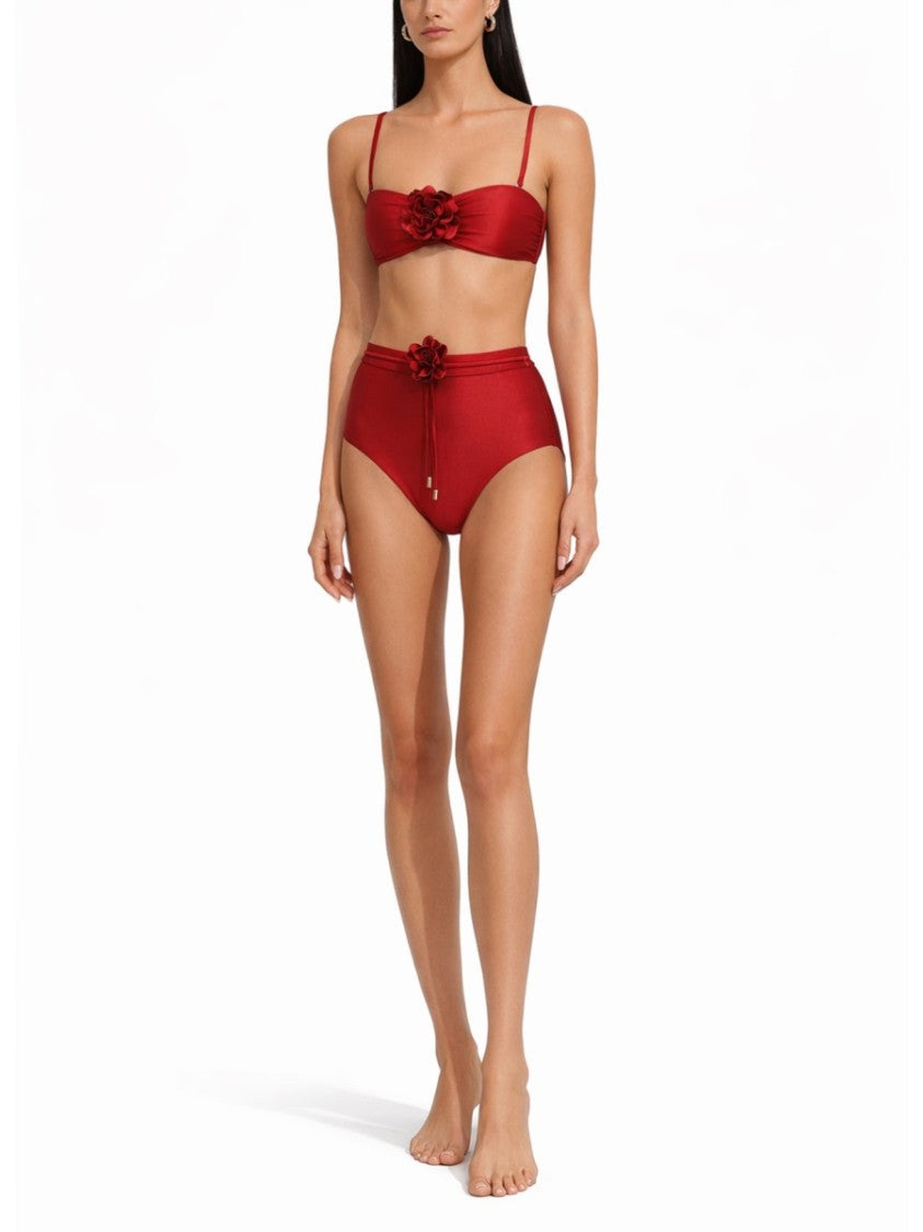 Zimmermann Strapless Red Bikini Top With 3D Floral Embellishment