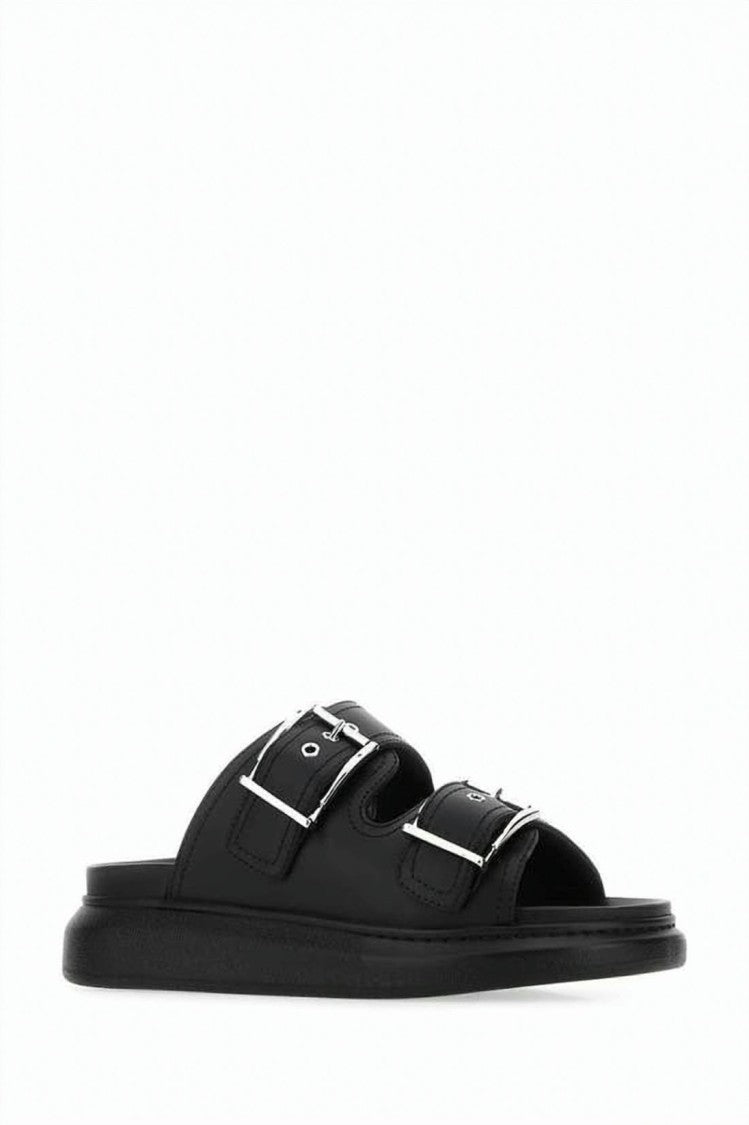 Alexander Mcqueen Flat Mules With Dual Silver Buckles And Cushioned Sole