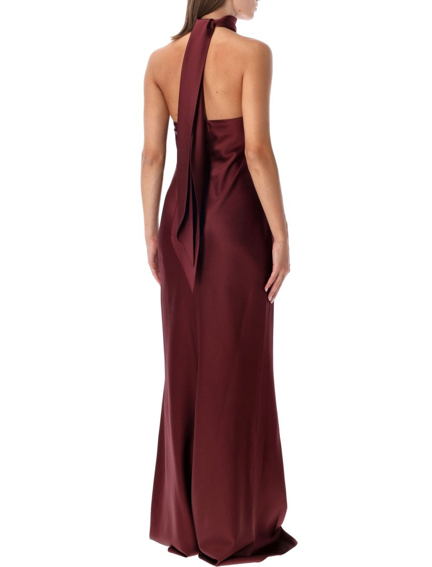 Polo Ralph Lauren Chilton Burgundy Satin Halter Evening Dress