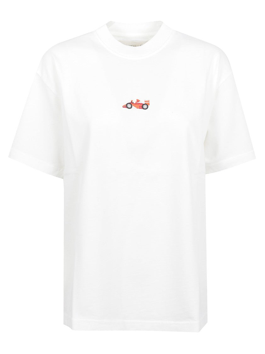 Alberto Bresci Relaxed Fit White T-Shirt With Embroidered Red Race Car