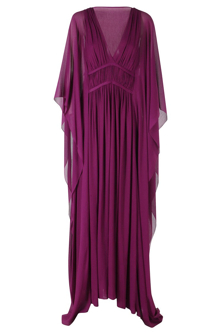 Alberta Ferretti Viola Creponne Flutter Sleeve V-Neck Silk Maxi Dress