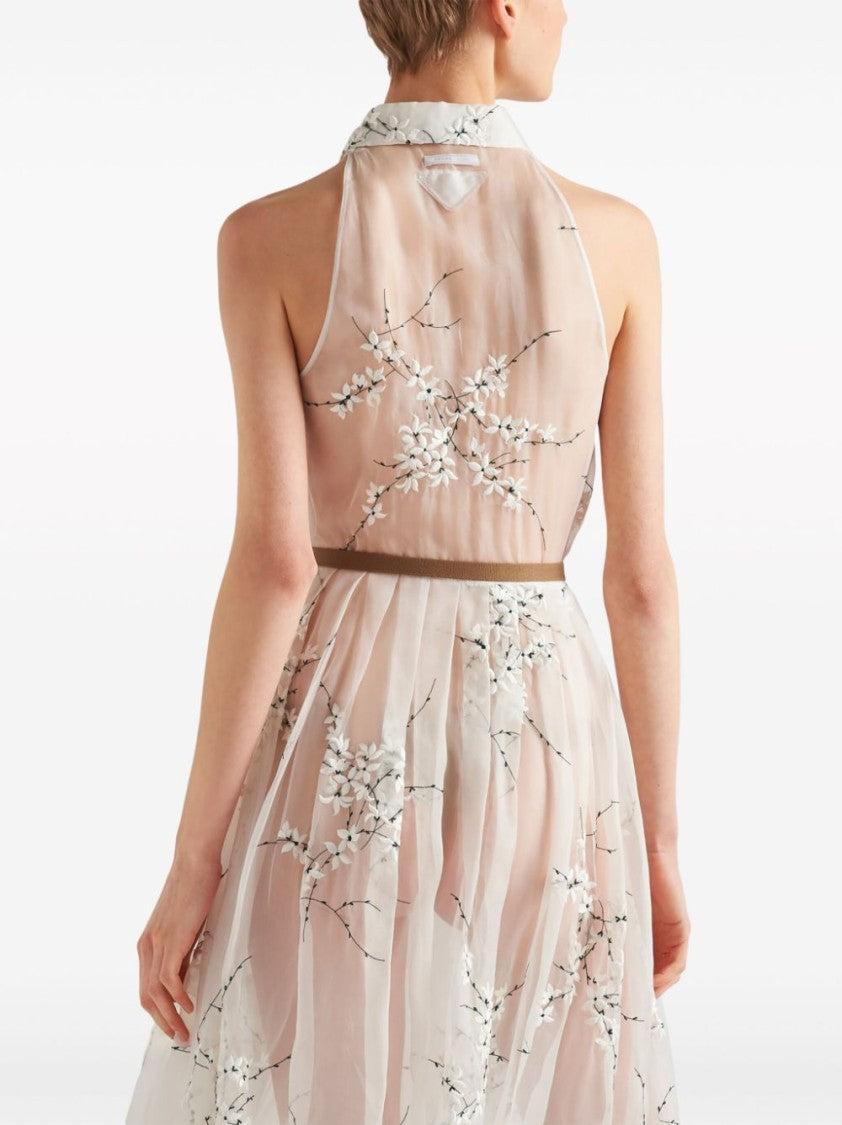Prada Floral-Embroidered Silk Midi Dress
