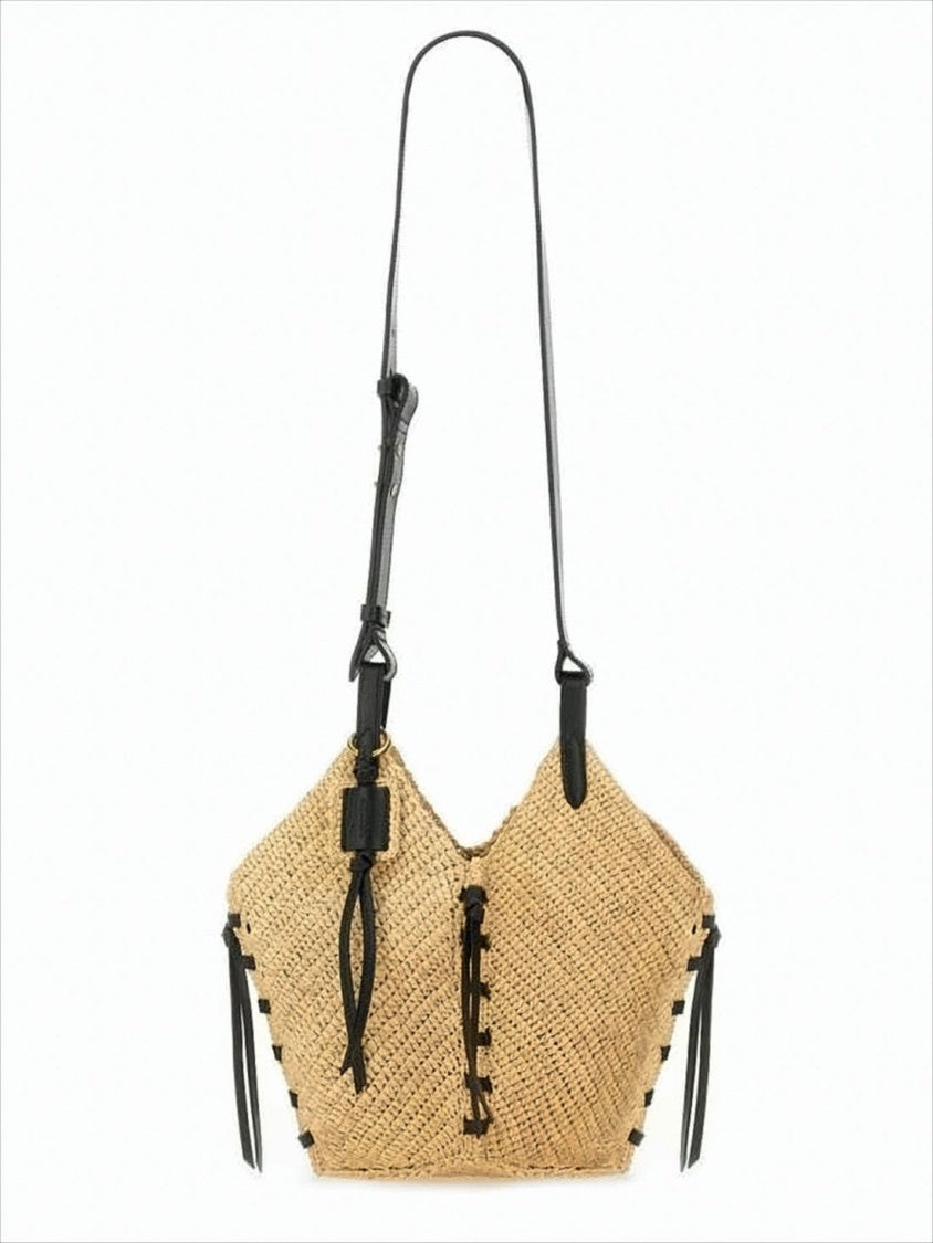 Isabel Marant Woven Raffia Shoulder Bag With Black Leather Accents
