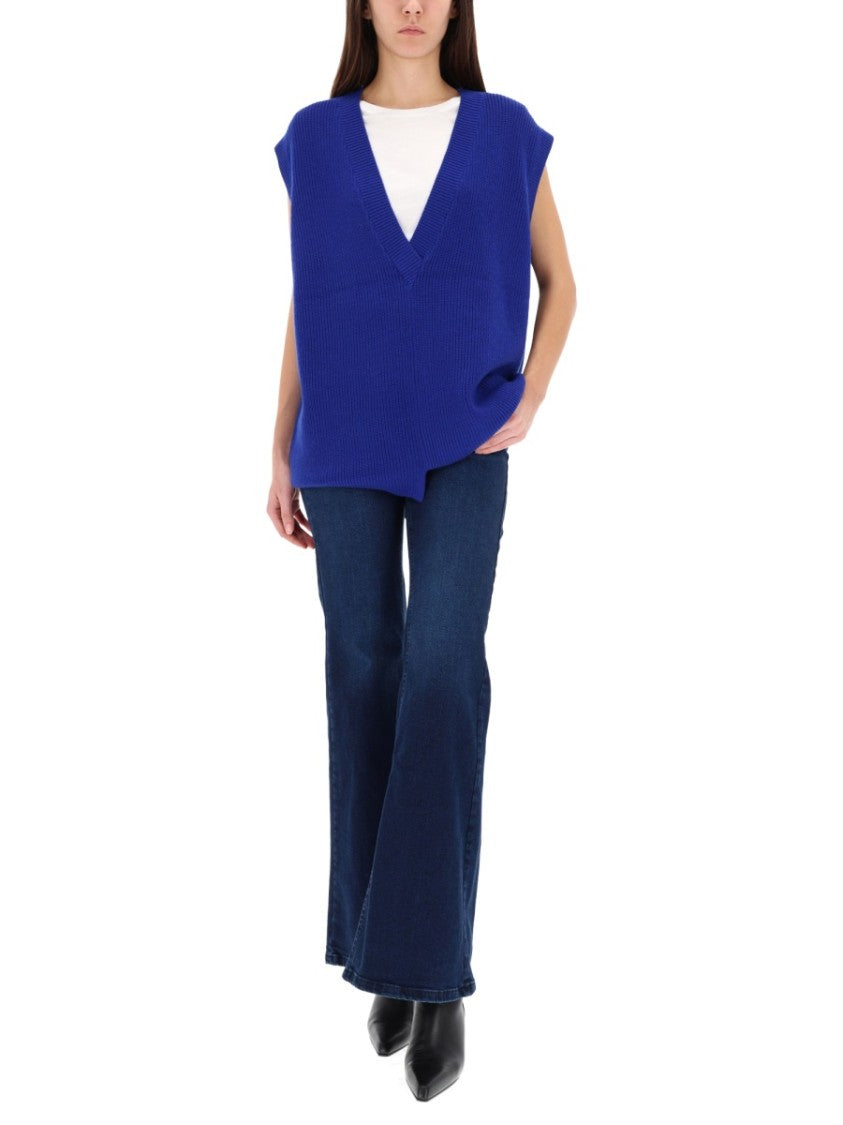 Zona20 Milano Sleeveless Ribbed V-Neck Sweater Vest In Blue Merinos Wool