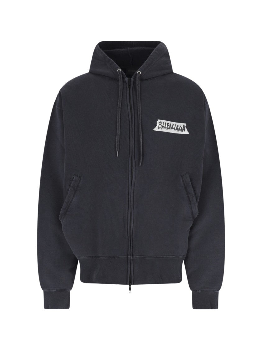 Balenciaga Black Masking Tape Worn Zip Hoodie