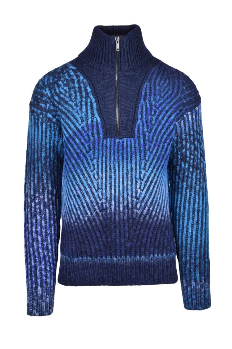 Dondup Wool Alpaca Zip Mock Neck Sweater - Blue/Light Blue