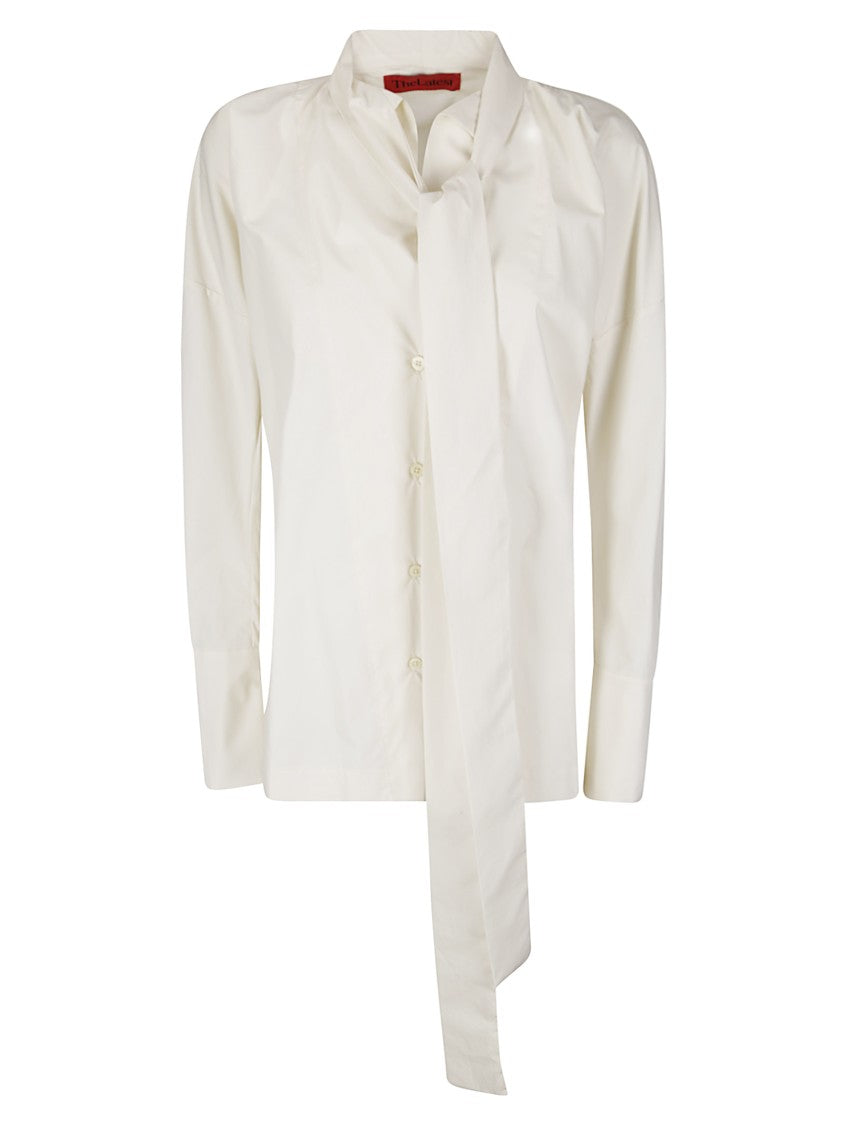 The Latest Long-Sleeved Ecru Shirt With Tie-Neck Collar