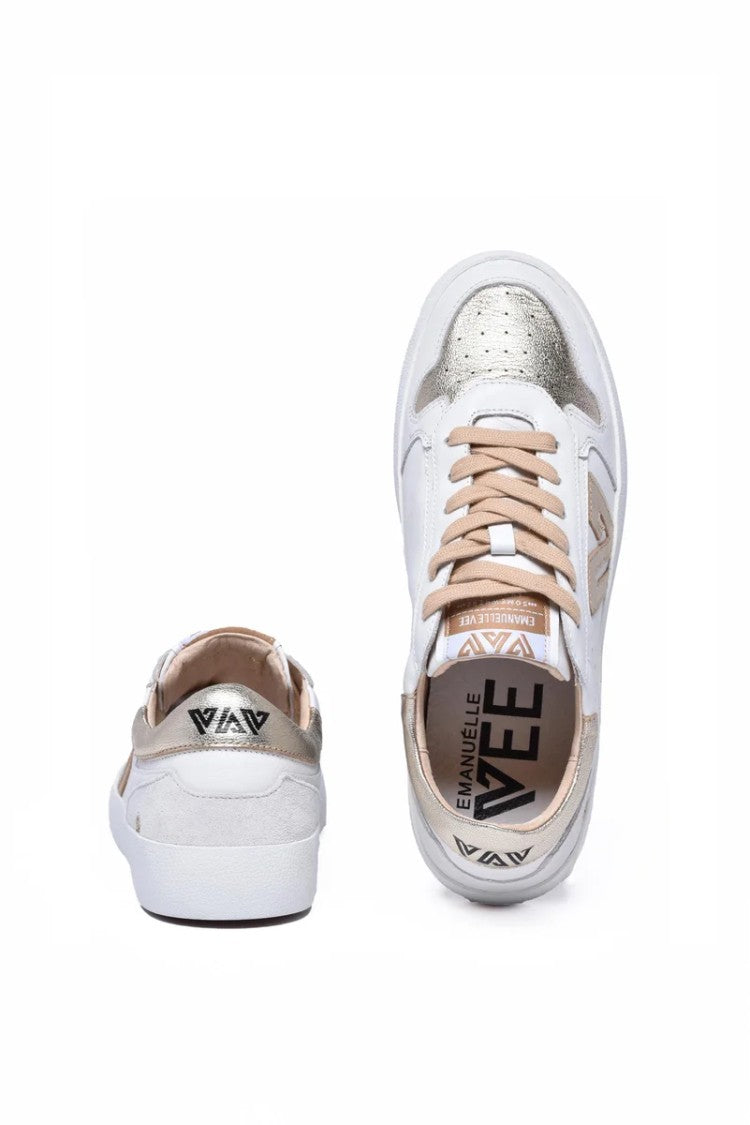 Emanuélle Vee White/Gold Leather Rubber Sole Sneakers