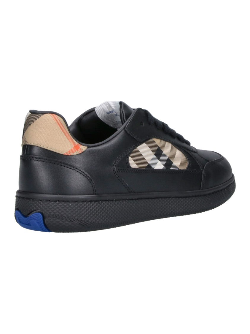 Burberry Low-Top Black Leather Sneakers With Signature Check Inserts