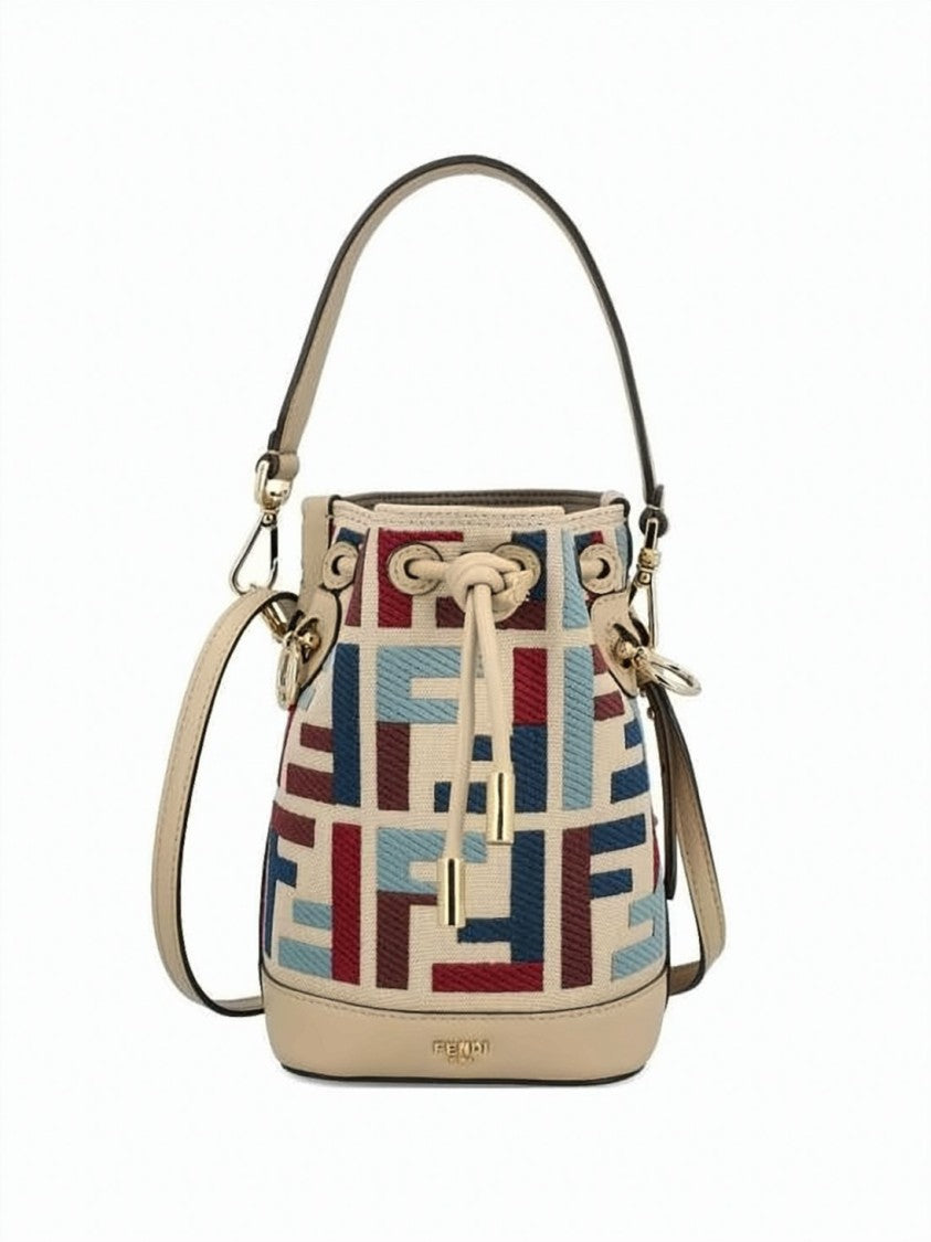 Fendi Geometric Pattern Mini Bucket Bag With Drawstring Closure