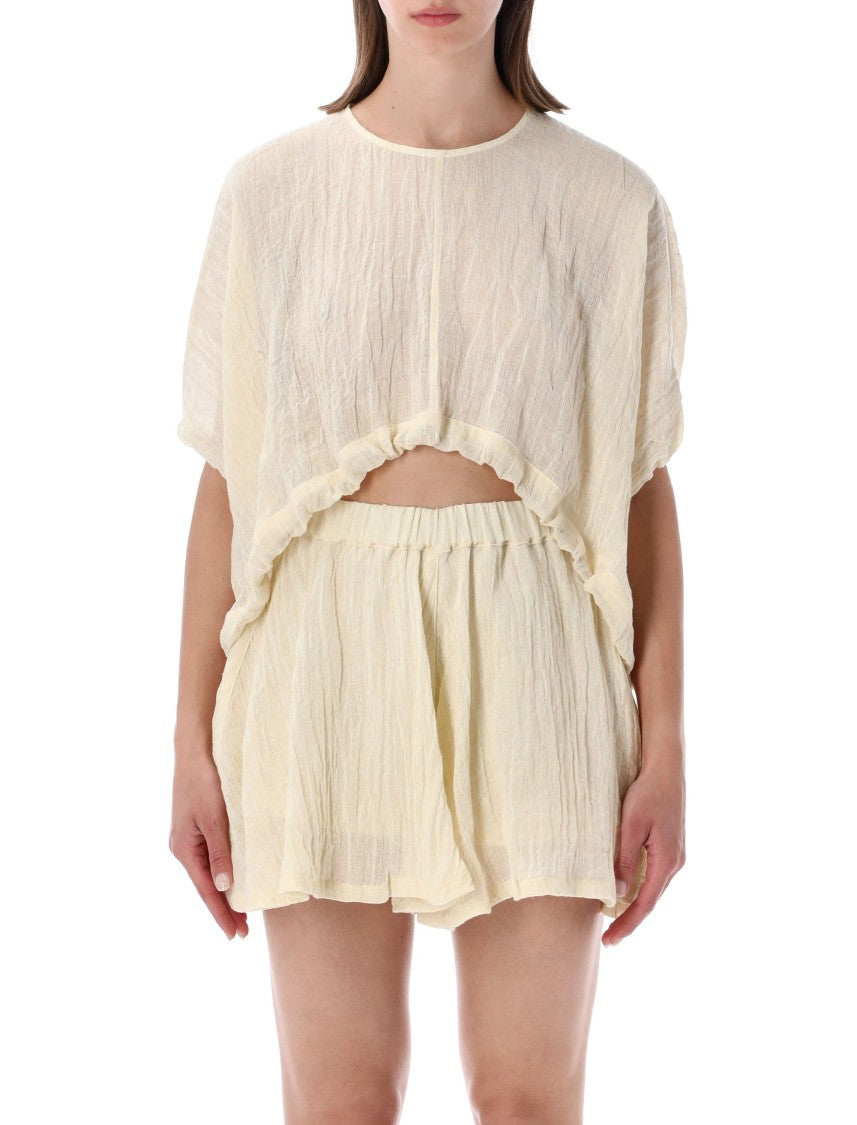 120% Lino Camicia Textured Ruffle Crop Top