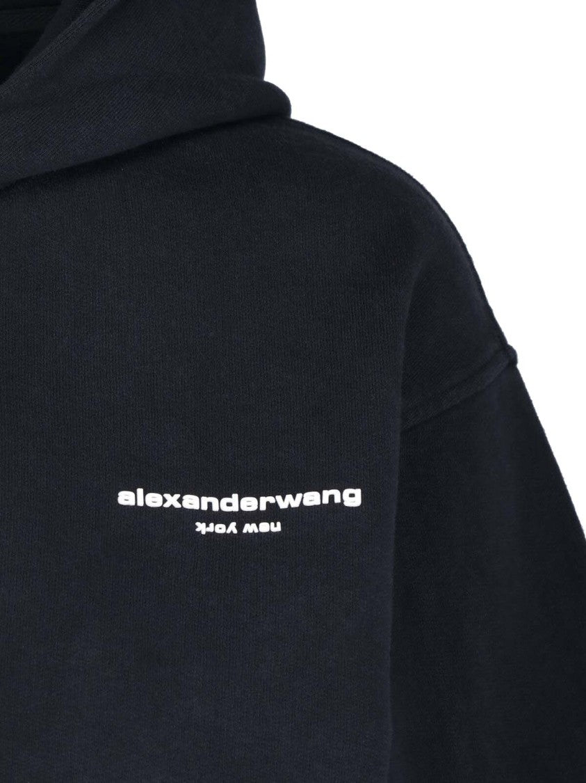 Alexander Wang Logo Print Zip Hooded Black Cotton Sweatshirt