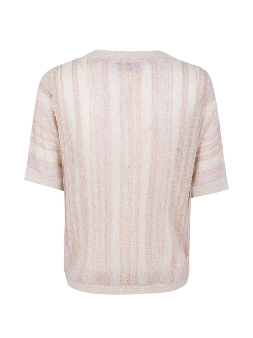 Blugirl Short-Sleeved V-Neck Sweater With Gold And Pink Stripes