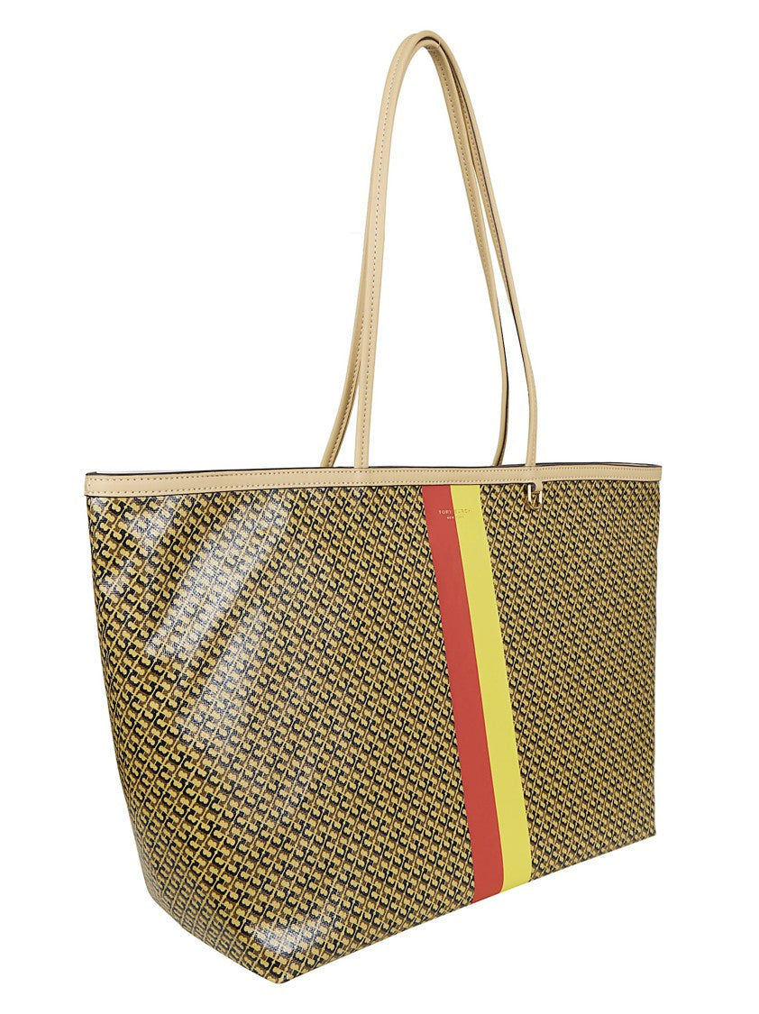 Tory Burch Textured Shopper Bag With Glossy Finish And Stripe Accents