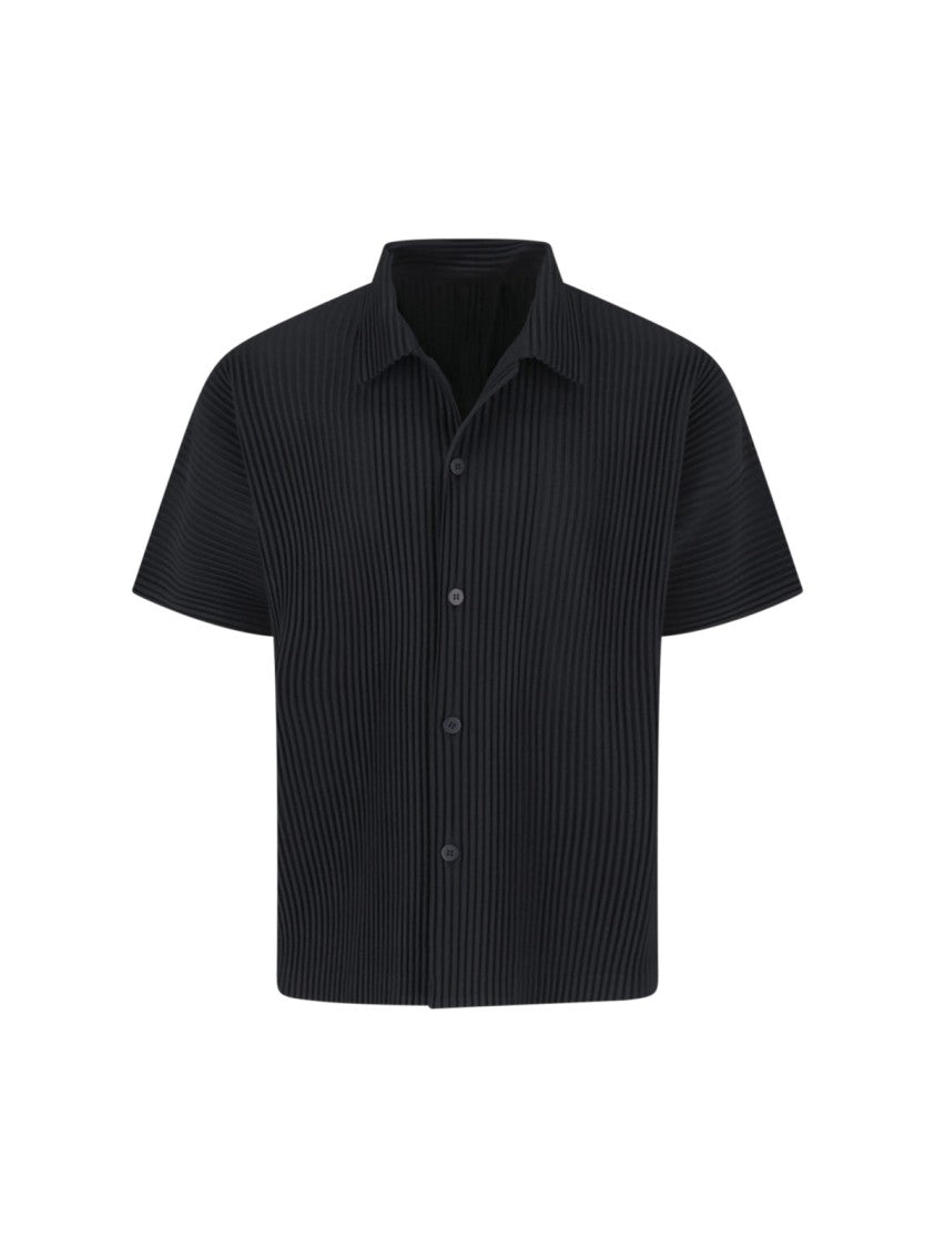 Homme Plissé Issey Miyake Black Short-Sleeve Bowling Collar Pleated Polo Shirt