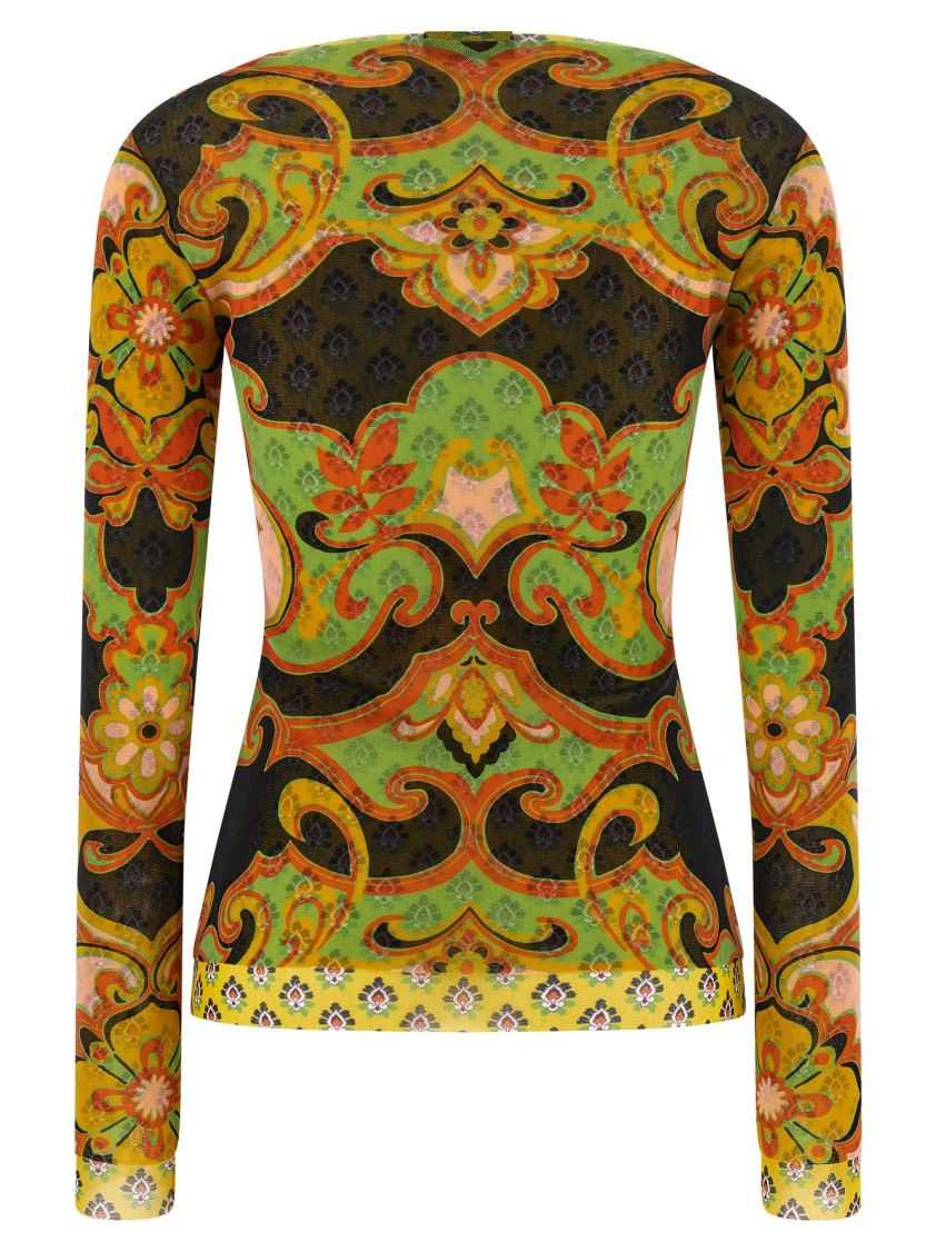 Etro Patterned Stretch Mesh Sweater With Asymmetrical Hem And Double-Layer Detail