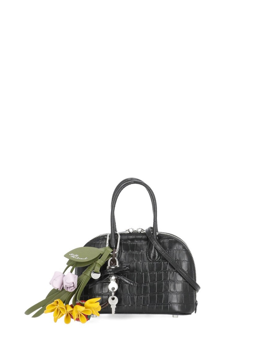 Self-Portrait Textured Black Crocodile-Embossed Handbag With Dual Cursors And Charms