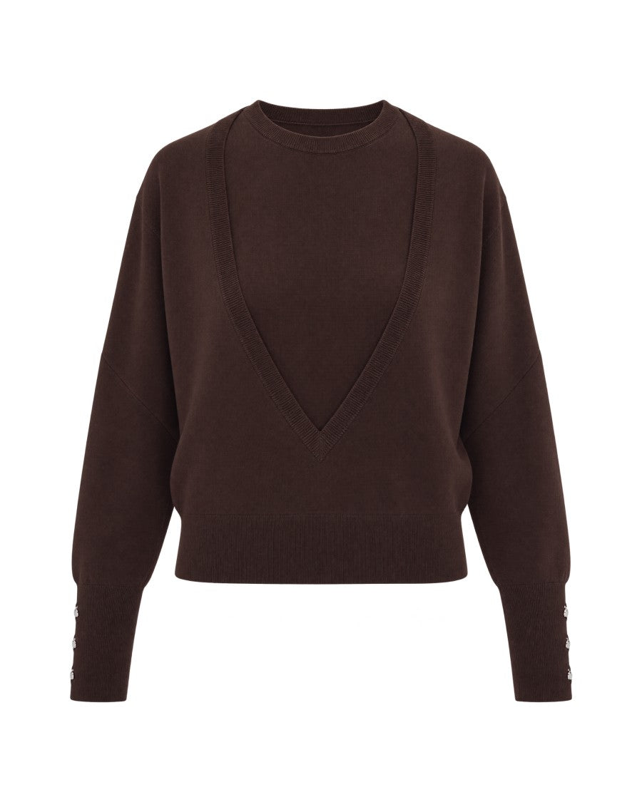 Patrizia Pepe Wood Brown Layered V-Panel Fine Knit Sweater
