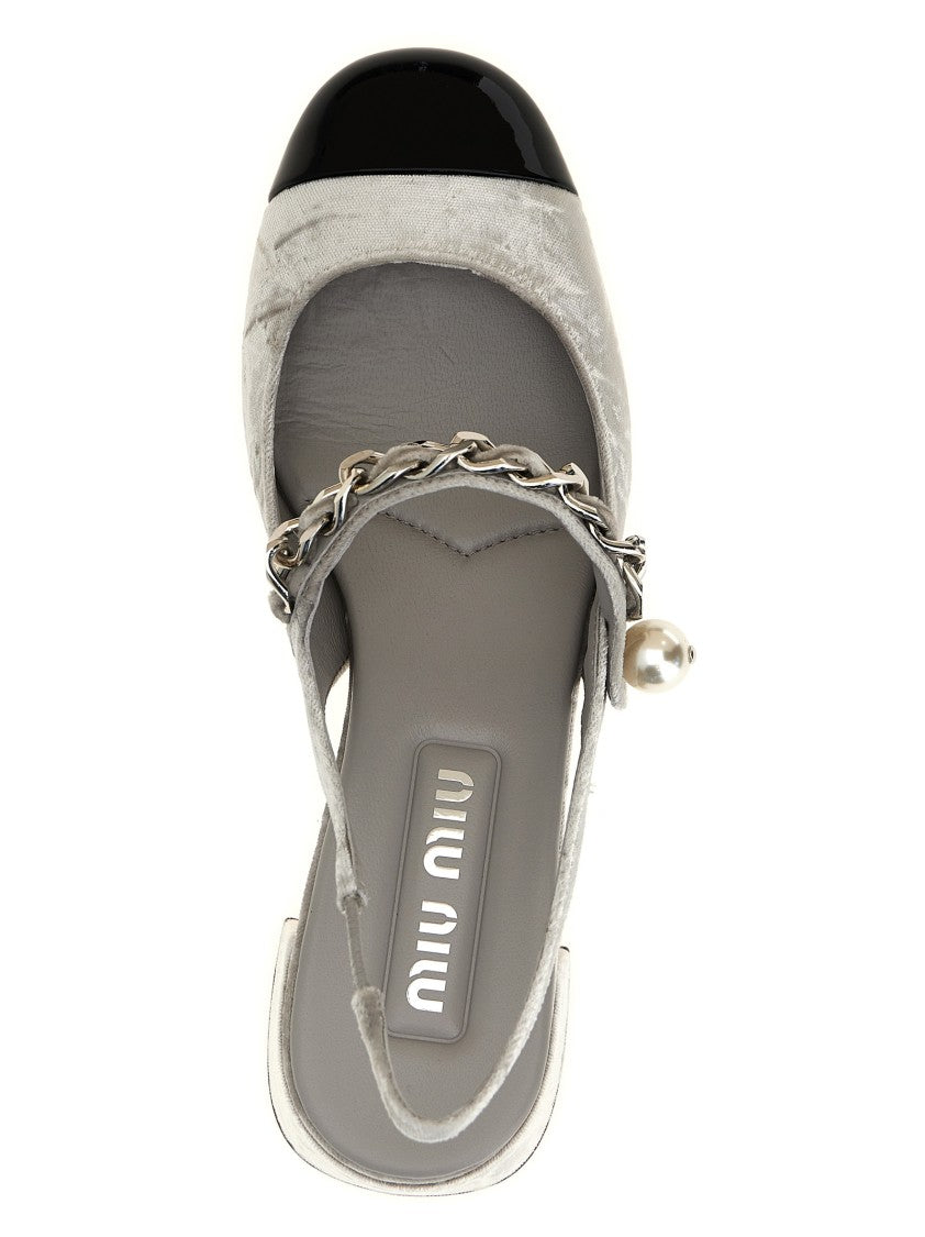 Miu Miu Velvet Slingback Shoes With Chain Detail And Pearl Accent