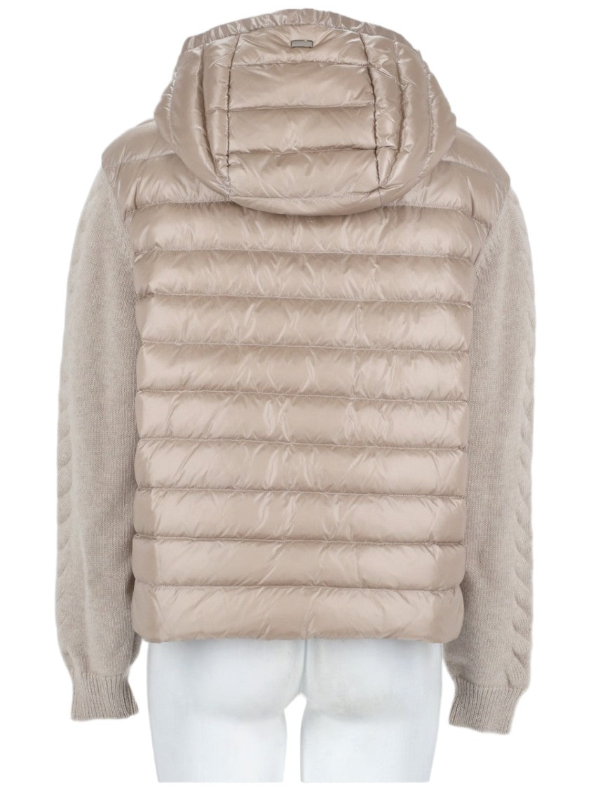Herno Lightweight Quilted Nylon Hooded Jacket With Cable Knit Sleeves